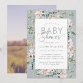 Dusty Blue Floral Baby shower Invitation Kaart (Voorkant / Achterkant)