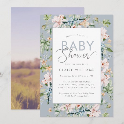 Dusty Blue Floral Baby shower Invitation Kaart (Voorkant / Achterkant)