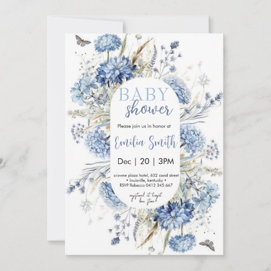Dusty Blue Floral Baby shower Kaart (Voorkant)