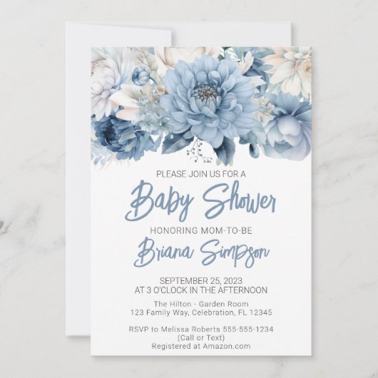 Dusty Blue Floral Baby shower Kaart (Voorkant)