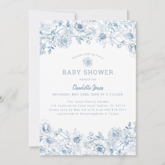 Dusty Blue Floral Baby shower Uitnodigen met Elega Kaart (Voorkant)