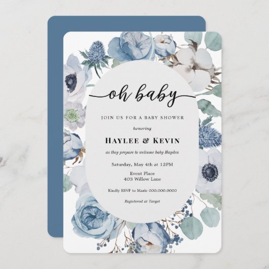 Dusty Blue Floral = Baby shower uitnodiging (Voorkant / Achterkant)