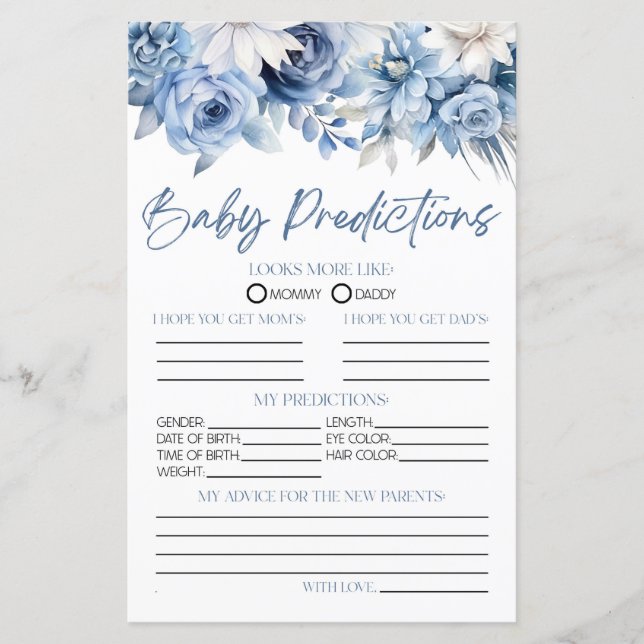 Dusty Blue Floral Baby shower voorspellingen spel (Voorkant)