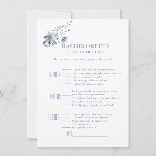 Dusty blue floral bachelorette Scavenger spel Kaar Aankondiging (Voorkant)