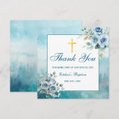 Dusty Blue Floral Baptism Boy Religious Bedankkaart (Voorkant / Achterkant)