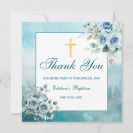 Dusty Blue Floral Baptism Boy Religious Bedankkaart