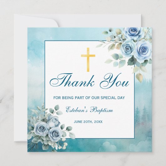 Dusty Blue Floral Baptism Boy Religious Bedankkaart (Voorkant)