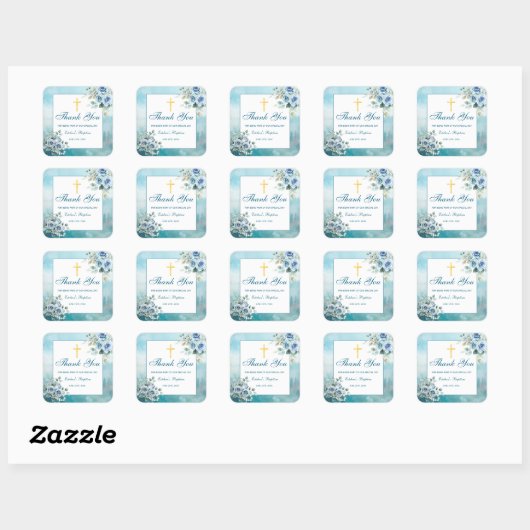 Dusty Blue Floral Baptism Boy  Vierkante Sticker (Vel)