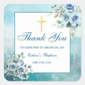 Dusty Blue Floral Baptism Boy  Vierkante Sticker (Voorkant)