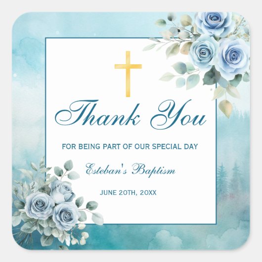Dusty Blue Floral Baptism Boy Vierkante Sticker (Voorkant)