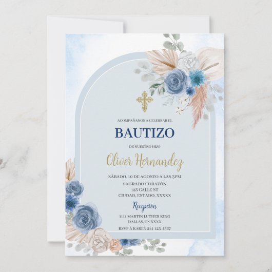 Dusty Blue Floral Bautizo Spaanse uitnodiging (Voorkant)