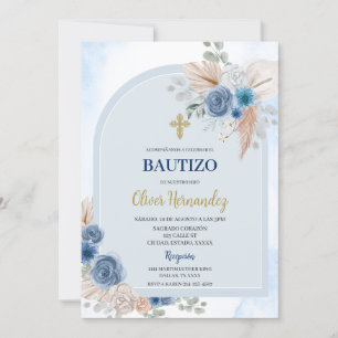 Dusty Blue Floral Bautizo Spaanse uitnodiging