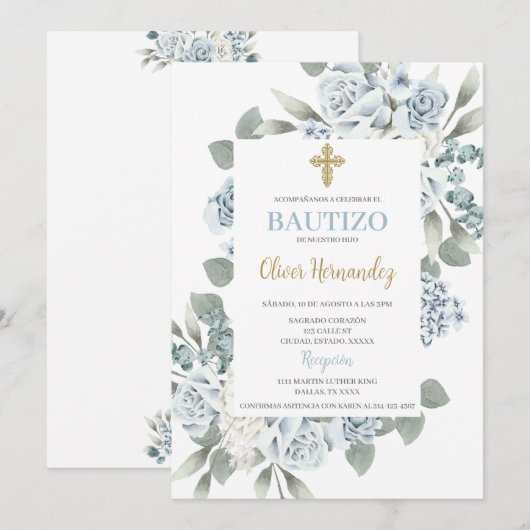 Dusty Blue Floral Bautizo Spaanse uitnodiging (Voorkant / Achterkant)