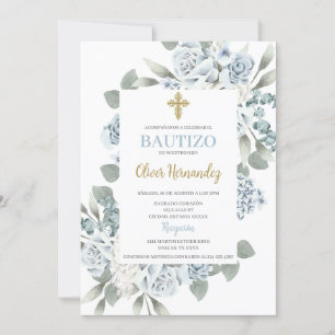 Dusty Blue Floral Bautizo Spaanse uitnodiging