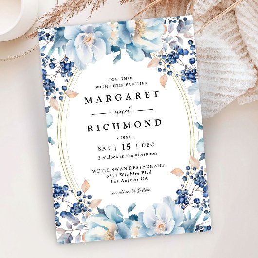 Dusty Blue Floral Berry Kerst Winter Wedding Kaart
