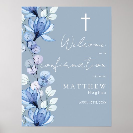 Dusty Blue Floral Bevestiging Welkomstbord Poster (Voorkant)