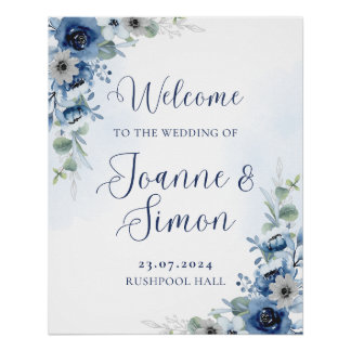 Dusty Blue Floral Bewerkbaar Wedding Welkomstbord Perfect Poster