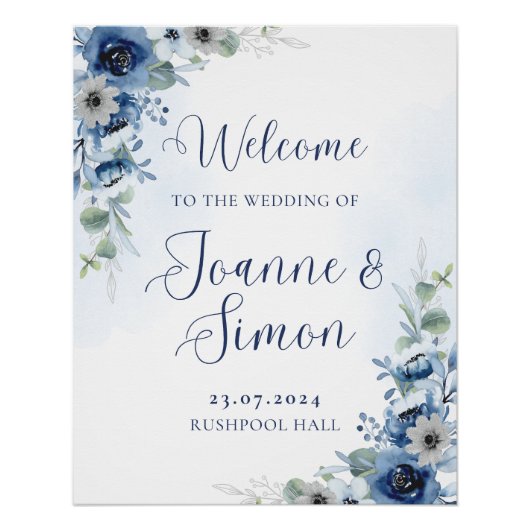 Dusty Blue Floral Bewerkbaar Wedding Welkomstbord Perfect Poster (Voorkant)