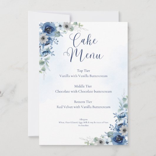 Dusty Blue Floral Bewerkbare Trouwtaart Menu Sign (Voorkant)