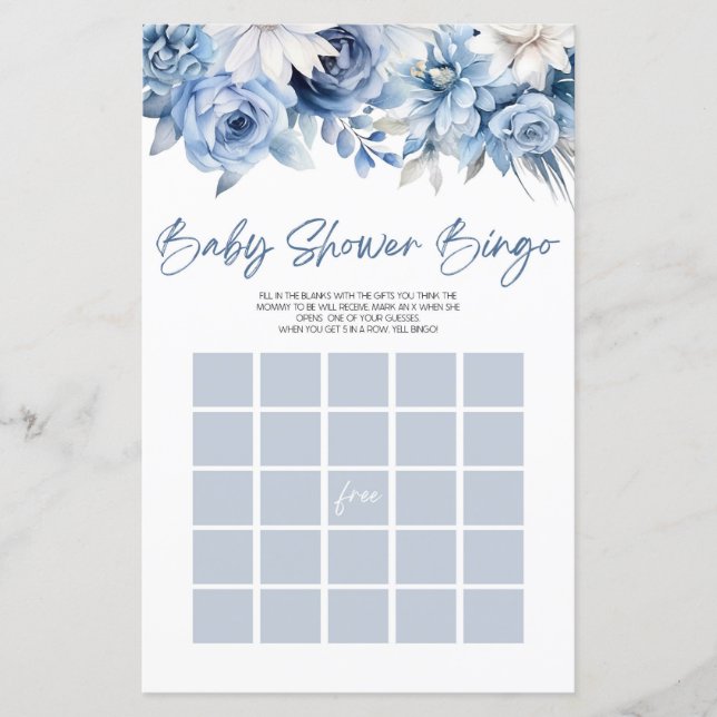 Dusty Blue Floral Bingo Baby shower Game (Voorkant)