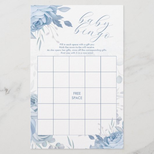 Dusty Blue Floral BINGO Baby shower spel Flyer (Voorkant)