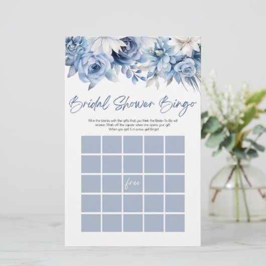 Dusty Blue Floral Bingo Vrijgezellenfeest Game Briefpapier (Staand voorkant)