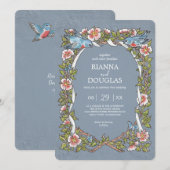  Dusty Blue Floral Bird Waterverf Wedding Kaart (Voorkant / Achterkant)