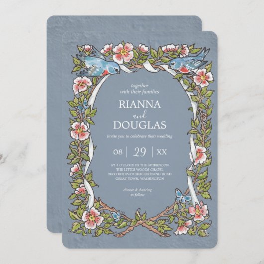 Dusty Blue Floral Bird Waterverf Wedding Kaart (Voorkant / Achterkant)