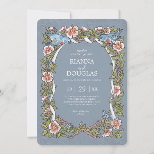  Dusty Blue Floral Bird Waterverf Wedding Kaart (Voorkant)