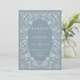 Dusty Blue Floral Birdie Baby shower Invitation Kaart