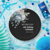 Dusty Blue Floral Black 60e verjaardag Papieren Bordje (Feest)