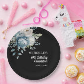 Dusty Blue Floral Black 60e verjaardag Papieren Bordje (Feest)