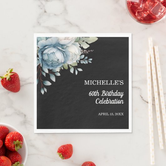 Dusty Blue Floral Black 60e verjaardag Servet (Insitu)