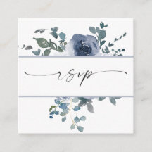 Dusty Blue Floral & Black QR Code RSVP-kaart
