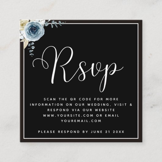 Dusty Blue Floral Black White Weddenschap RSVP QR  Informatiekaartje (Voorkant)