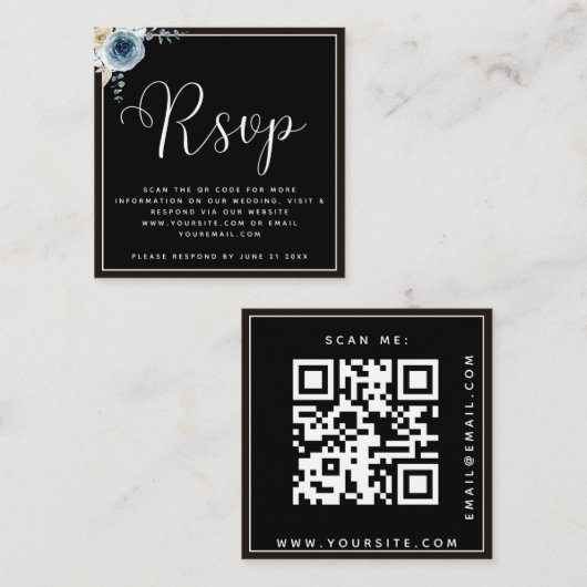 Dusty Blue Floral Black White Weddenschap RSVP QR  Informatiekaartje (Voorkant / Achterkant)