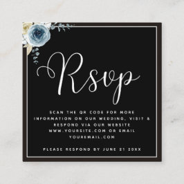 Dusty Blue Floral Black White Weddenschap RSVP QR  Informatiekaartje