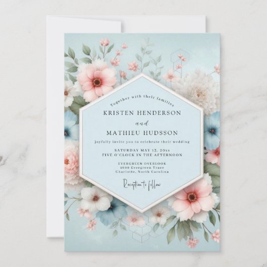 Dusty Blue Floral Bliss Wedding Kaart (Voorkant)