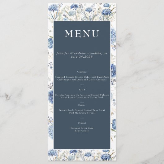 Dusty Blue Floral | Bloemen Bruiloft Menu (Voorkant)