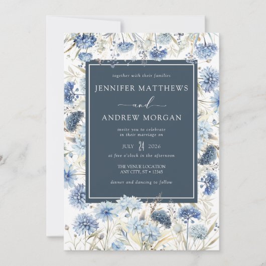 Dusty Blue Floral | Bloemen bruiloft uitnodiging (Voorkant)