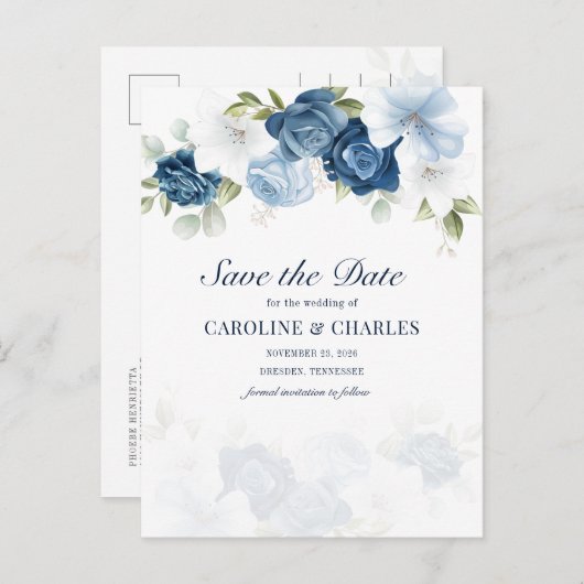 Dusty Blue Floral Bloom Eucalyptus Save the Date Aankondigingskaart (Voorkant / Achterkant)