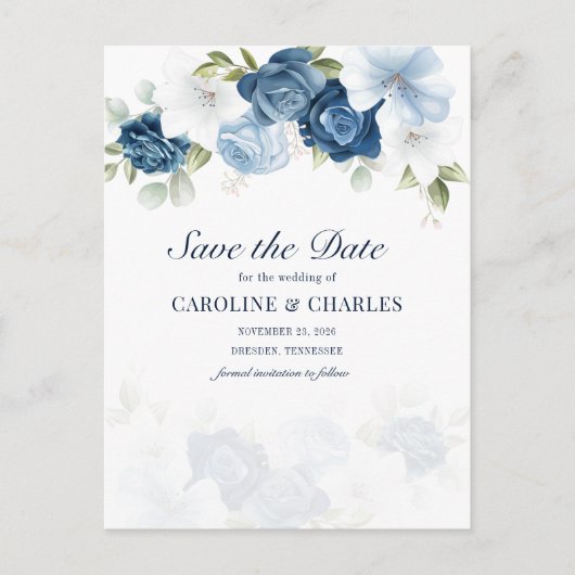 Dusty Blue Floral Bloom Eucalyptus Save the Date Aankondigingskaart (Voorkant)