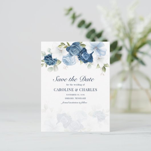 Dusty Blue Floral Bloom Eucalyptus Save the Date Aankondigingskaart (Staand voorkant)