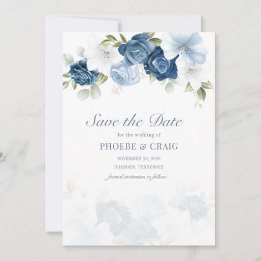 Dusty Blue Floral Bloom Eucalyptus Succulent Save The Date (Voorkant)