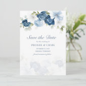 Dusty Blue Floral Bloom Eucalyptus Succulent Save The Date (Staand voorkant)