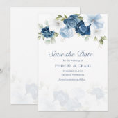 Dusty Blue Floral Bloom Eucalyptus Succulent Save The Date (Voorkant / Achterkant)