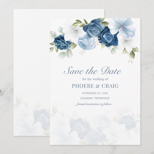 Dusty Blue Floral Bloom Eucalyptus Succulent Save The Date (Voorkant / Achterkant)