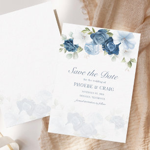 Dusty Blue Floral Bloom Save the Date aankondiging