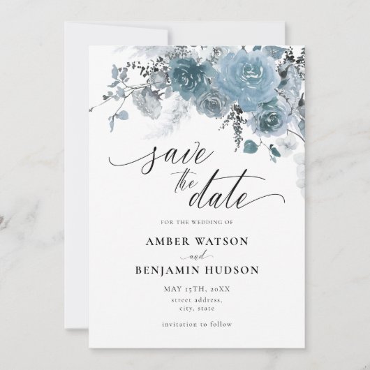 Dusty Blue Floral Bohemian Wedding Save the Date Kaart (Voorkant)