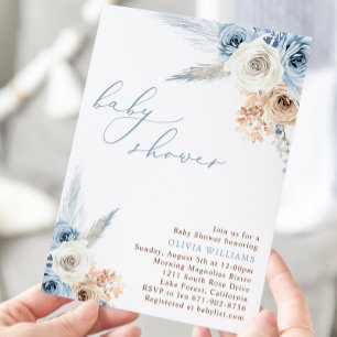 Dusty Blue Floral Boho Baby shower Kaart